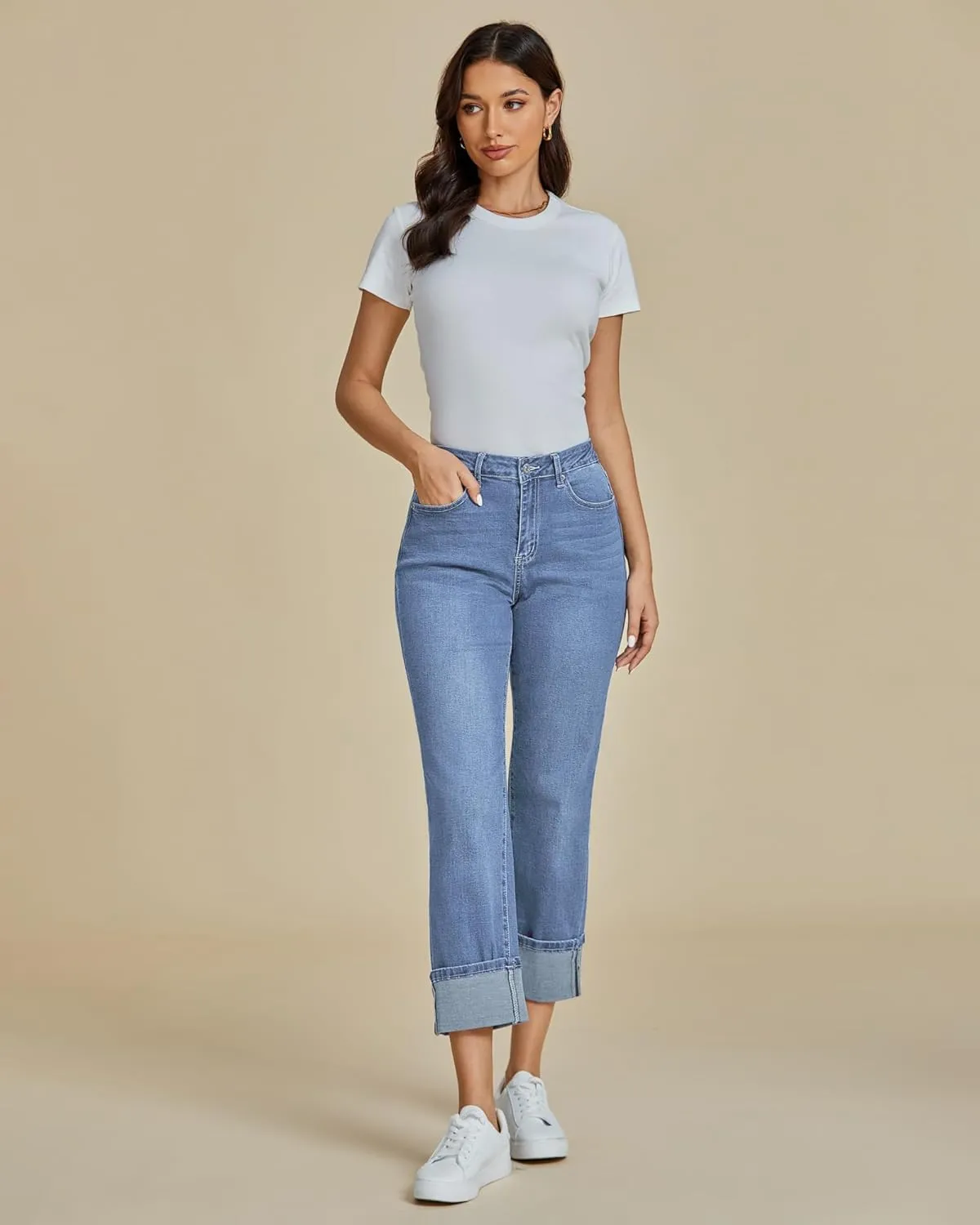 luvamia Straight Leg Jeans for Women Trendy Cropped High Waisted Cuffed Hem Stretchy Boyfriend Capri Jeans with Pockets