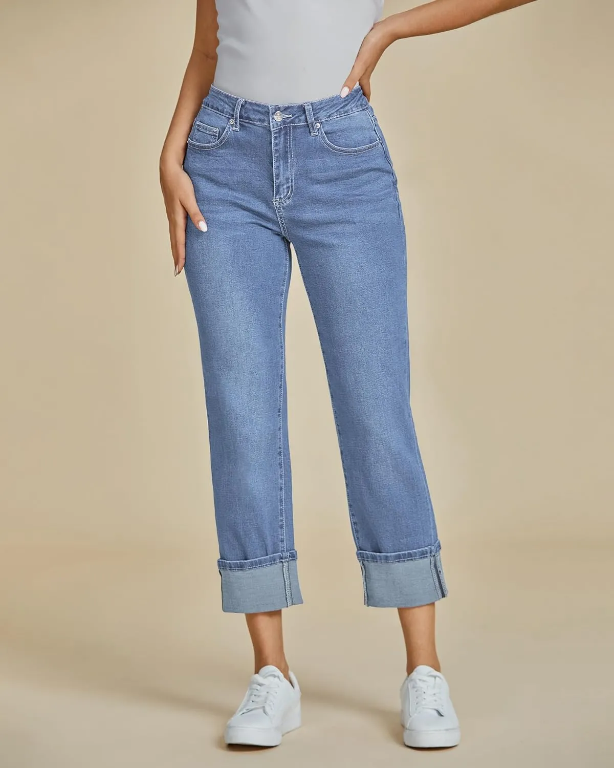 luvamia Straight Leg Jeans for Women Trendy Cropped High Waisted Cuffed Hem Stretchy Boyfriend Capri Jeans with Pockets