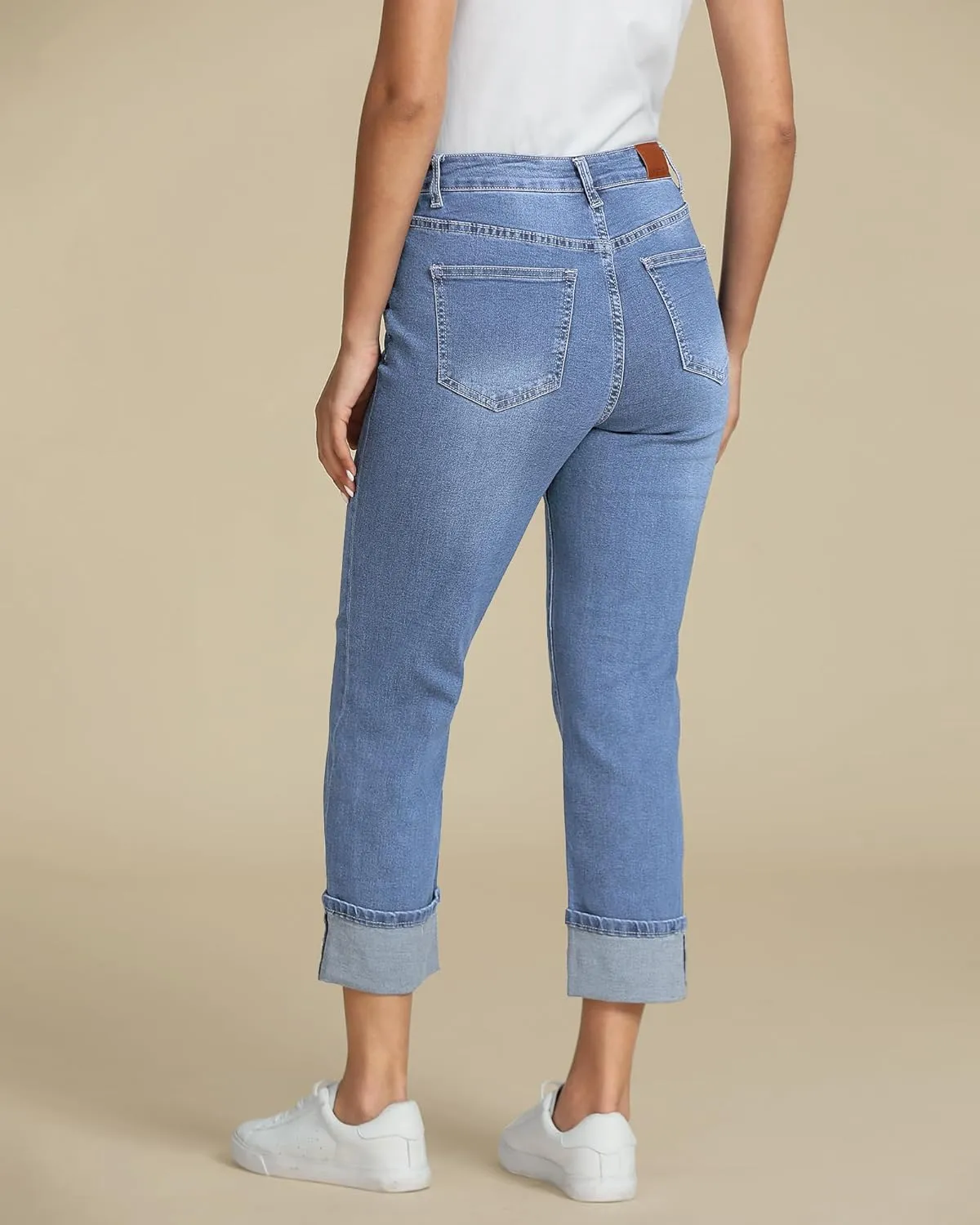 luvamia Straight Leg Jeans for Women Trendy Cropped High Waisted Cuffed Hem Stretchy Boyfriend Capri Jeans with Pockets