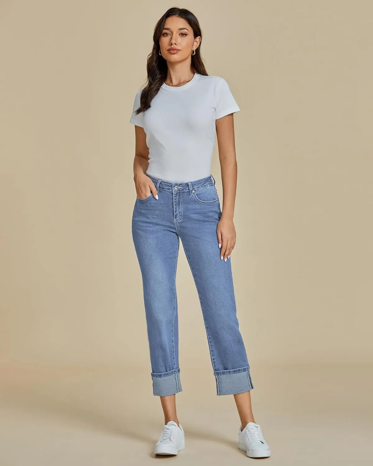 luvamia Straight Leg Jeans for Women Trendy Cropped High Waisted Cuffed Hem Stretchy Boyfriend Capri Jeans with Pockets
