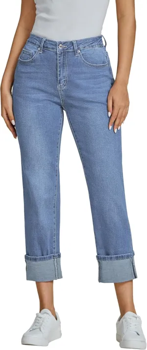 luvamia Straight Leg Jeans for Women Trendy Cropped High Waisted Cuffed Hem Stretchy Boyfriend Capri Jeans with Pockets
