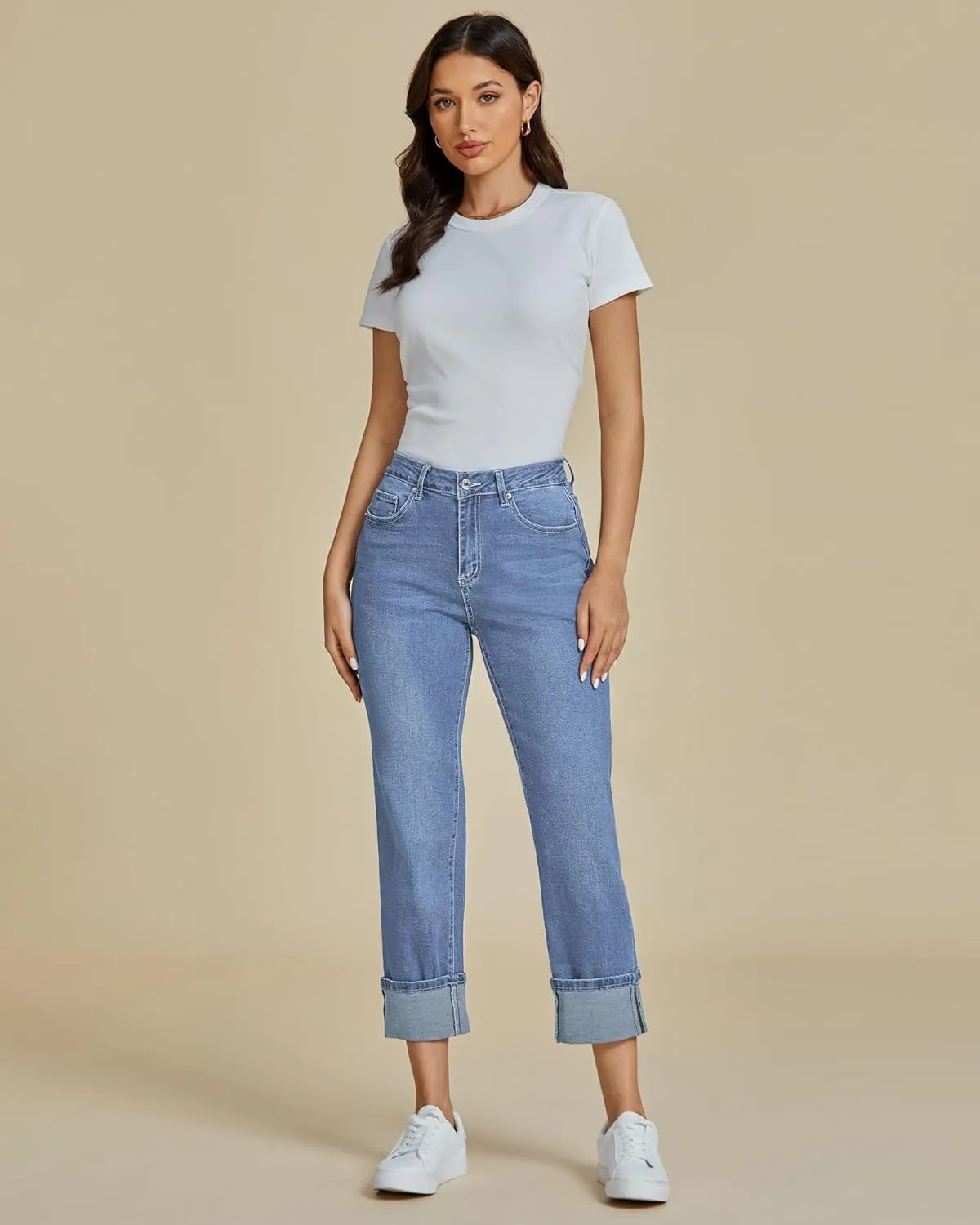 luvamia Straight Leg Jeans for Women Trendy Cropped High Waisted Cuffed Hem Stretchy Boyfriend Capri Jeans with Pockets