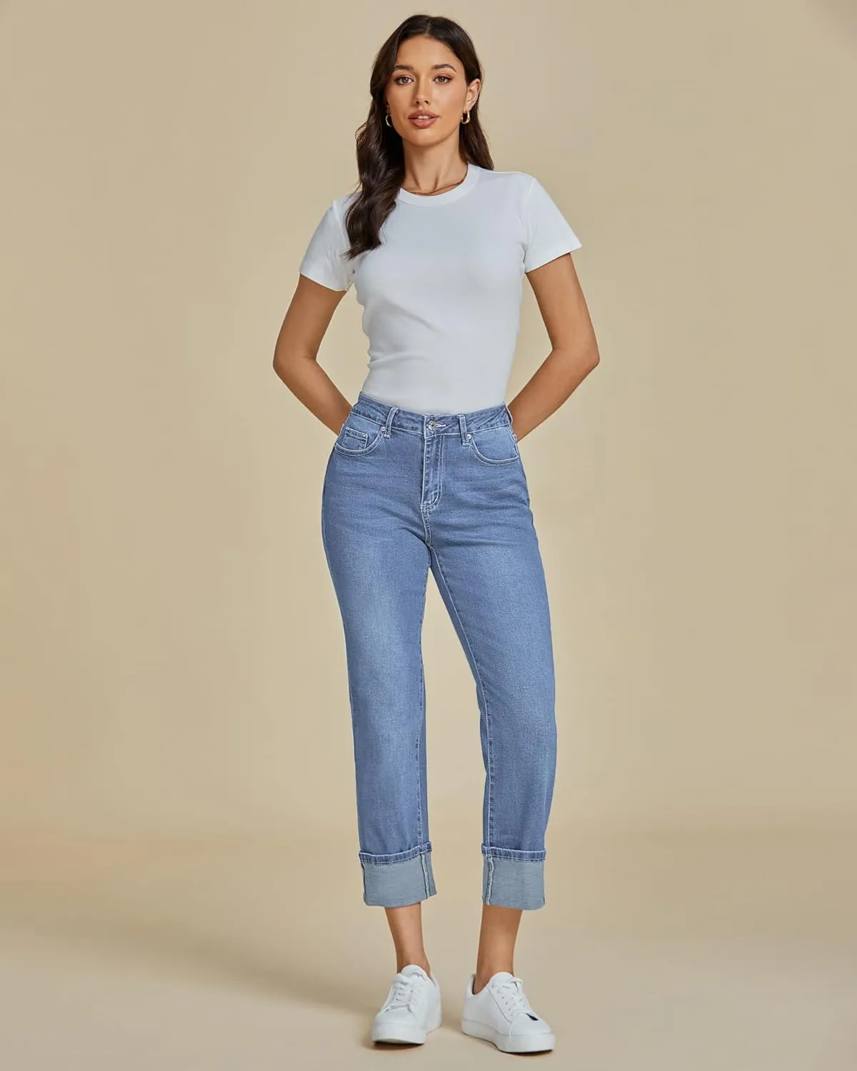 luvamia Straight Leg Jeans for Women Trendy Cropped High Waisted Cuffed Hem Stretchy Boyfriend Capri Jeans with Pockets