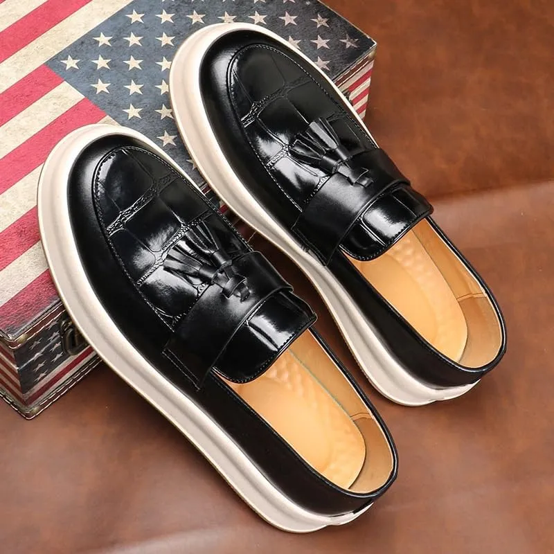 Luxury Men's Leather Penny Loafers with Chunky Platform, Round Toe, and Slip-On Tassel Design for Daily Office and Business Occasions