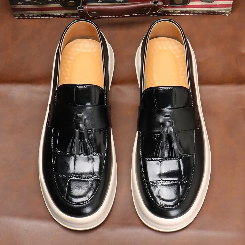 Luxury Men's Leather Penny Loafers with Chunky Platform, Round Toe, and Slip-On Tassel Design for Daily Office and Business Occasions