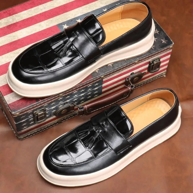 Luxury Men's Leather Penny Loafers with Chunky Platform, Round Toe, and Slip-On Tassel Design for Daily Office and Business Occasions