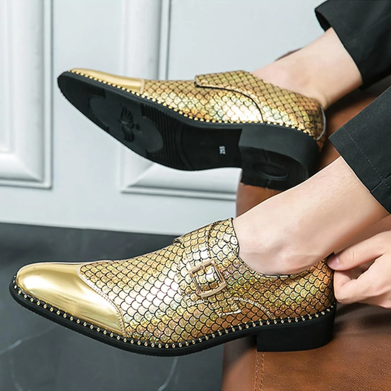 Men Leather Monk Strap Slip On Pointed Toe Dress Loafers Fashion Color Matching Metal Cap Toe Formal Business Casual Party Dancing Oxford Shoes