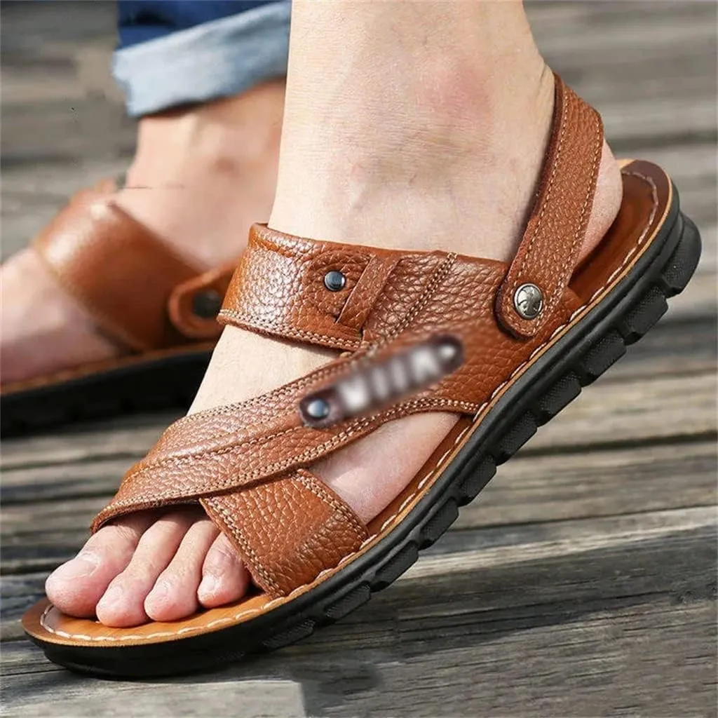 Men's Beach Shoes Sandals Cow Leather Slippers Breathable Purpose Men's Sandals(39)