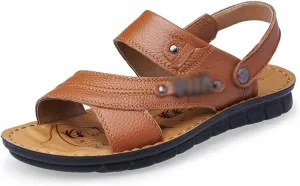 Men's Beach Shoes Sandals Cow Leather Slippers Breathable Purpose Men's Sandals(39)