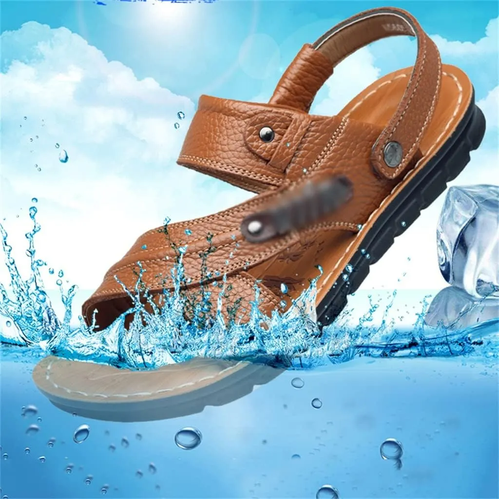 Men's Beach Shoes Sandals Cow Leather Slippers Breathable Purpose Men's Sandals(39)