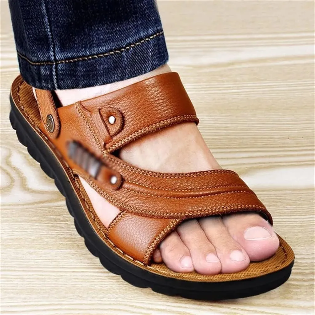 Men's Beach Shoes Sandals Cow Leather Slippers Breathable Purpose Men's Sandals(39)