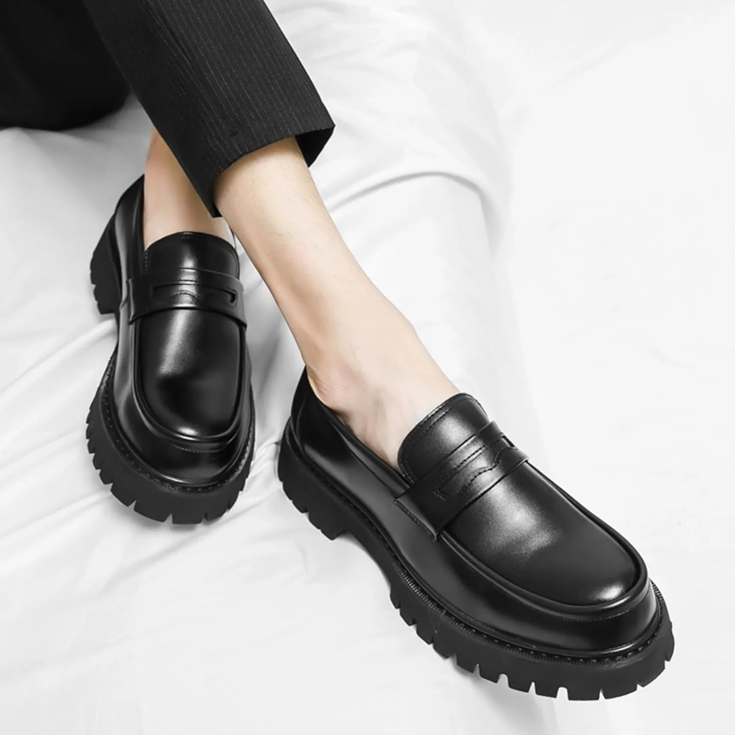 Men's Black Leather Platform Chunky Slip-On Penny Loafers Classic Round Toe Lug Sole Fashion Business Casual Formal Work Shoes