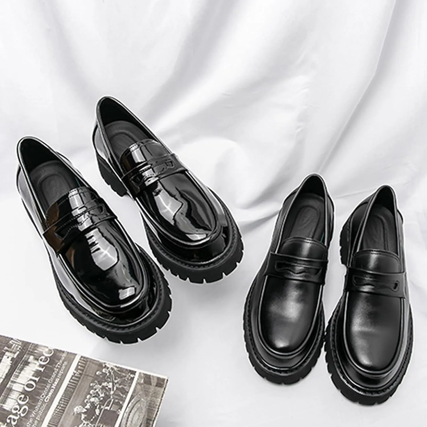 Men's Black Leather Platform Chunky Slip-On Penny Loafers Classic Round Toe Lug Sole Fashion Business Casual Formal Work Shoes