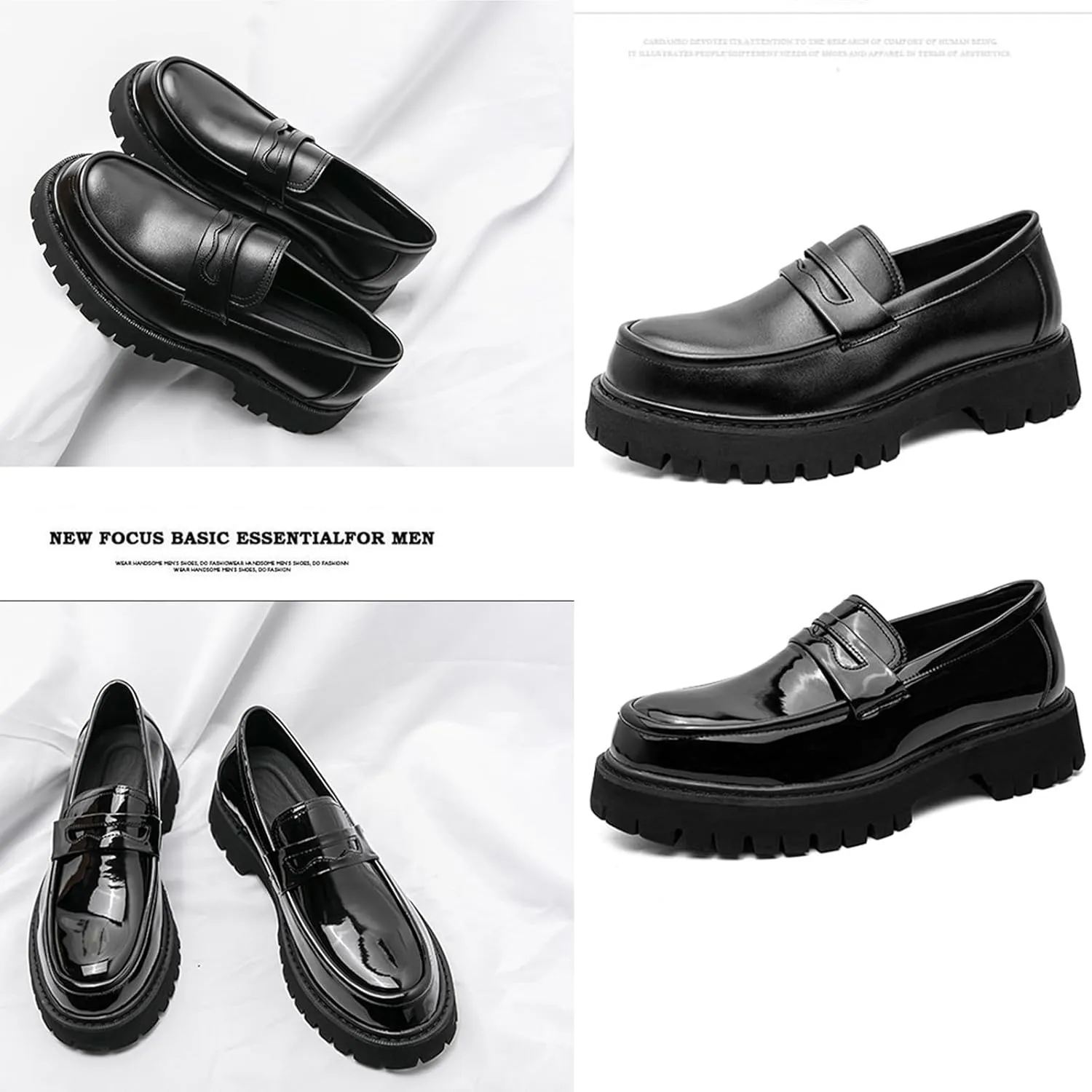 Men's Black Leather Platform Chunky Slip-On Penny Loafers Classic Round Toe Lug Sole Fashion Business Casual Formal Work Shoes