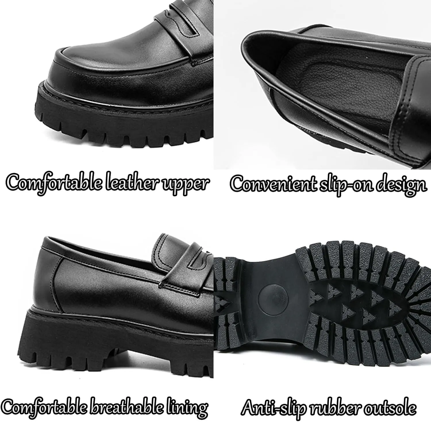 Men's Black Leather Platform Chunky Slip-On Penny Loafers Classic Round Toe Lug Sole Fashion Business Casual Formal Work Shoes