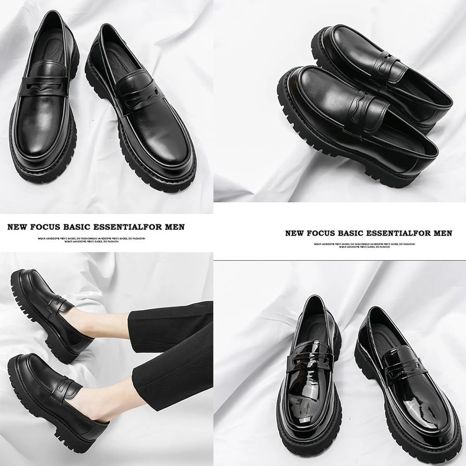 Men's Black Leather Platform Chunky Slip-On Penny Loafers Classic Round Toe Lug Sole Fashion Business Casual Formal Work Shoes