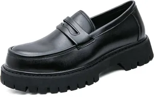 Men's Black Leather Platform Chunky Slip-On Penny Loafers Classic Round Toe Lug Sole Fashion Business Casual Formal Work Shoes