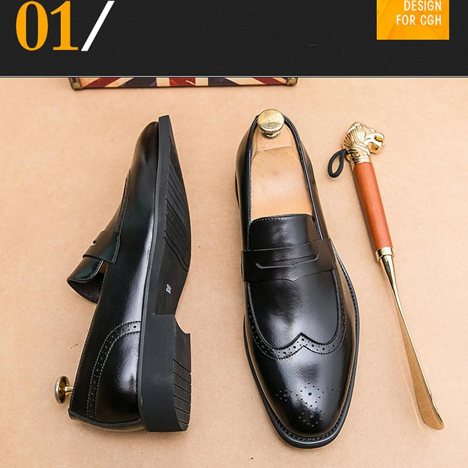 Mens Classic Handmade Leather Dress Shoes Fashion Brogue Wing Tip Comfort Slip-On Loafers Modern Business Formal Tuxedo Oxfords for Wedding Office Work