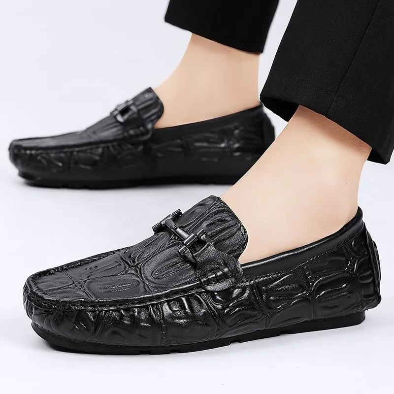 Men's Classic Retro Casual Business Shoes Crocodile Grain Leather Buckle Mens Fashion Wedding Party Loafers Men Slip-on Flats