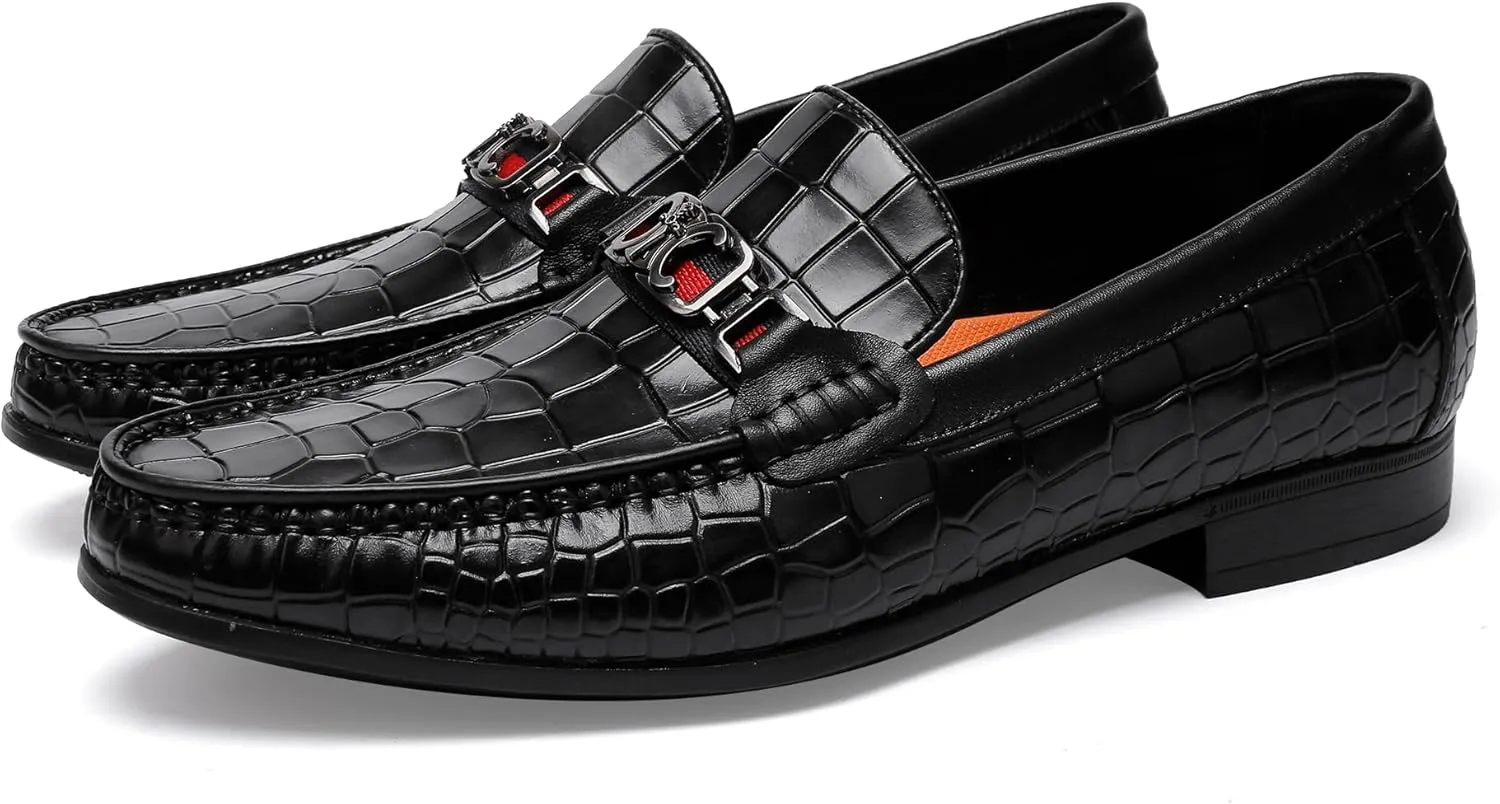Men's Crocodile Pattern Leather Slip-on Loafers, Formal Dress Shoes for Men