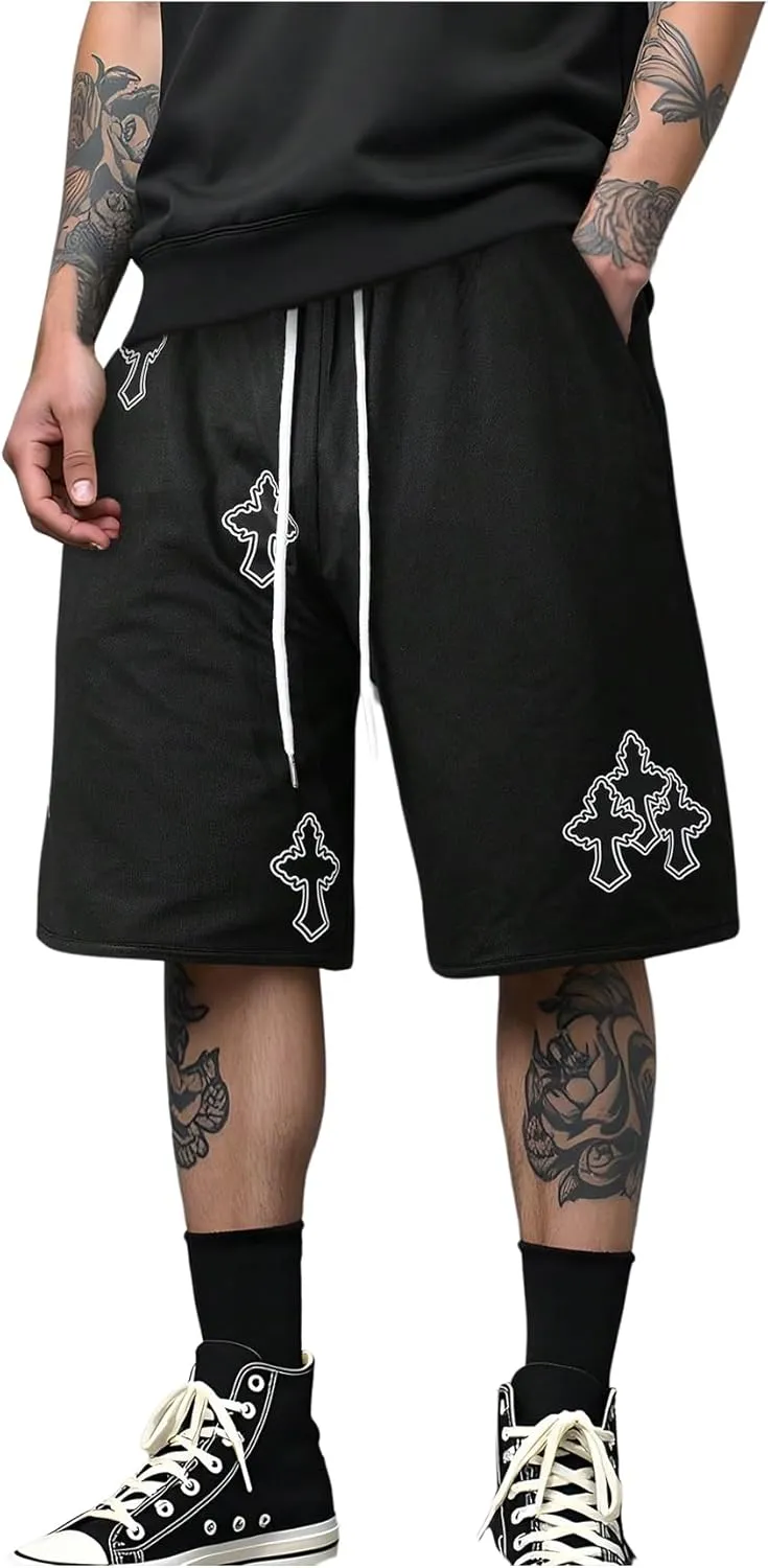 Men's Cross Graphic Workout Running Shorts Goth Drawstring Waist Cool Track Shorts