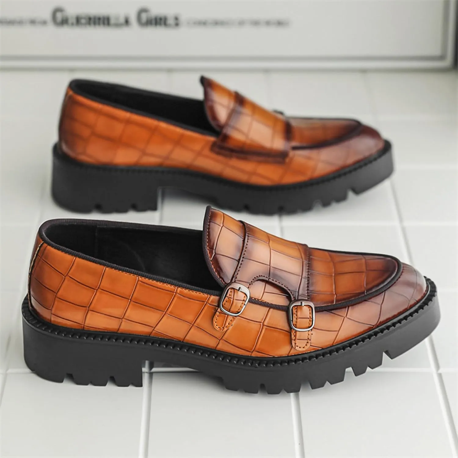 Mens Double Monk Strap Slip on Loafer PU Leather Oxford Formal Business Casual Comfortable Dress Shoes for Men