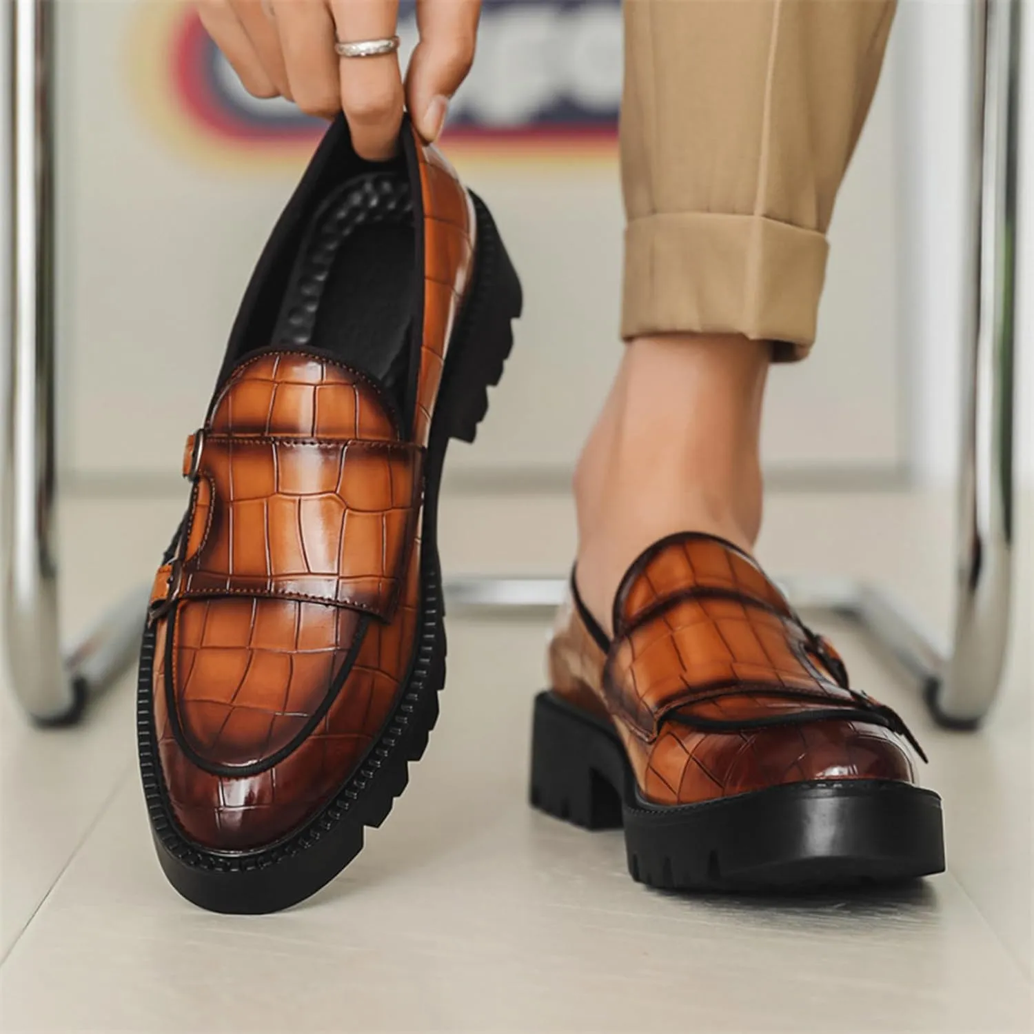 Mens Double Monk Strap Slip on Loafer PU Leather Oxford Formal Business Casual Comfortable Dress Shoes for Men