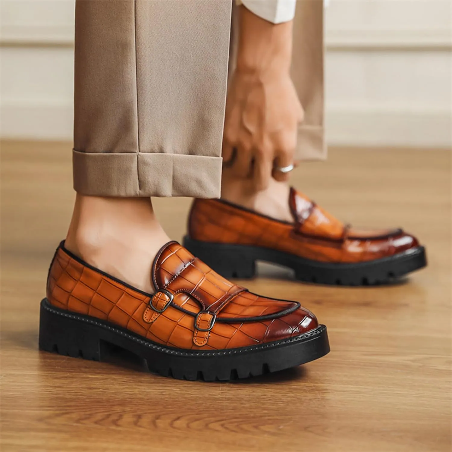 Mens Double Monk Strap Slip on Loafer PU Leather Oxford Formal Business Casual Comfortable Dress Shoes for Men