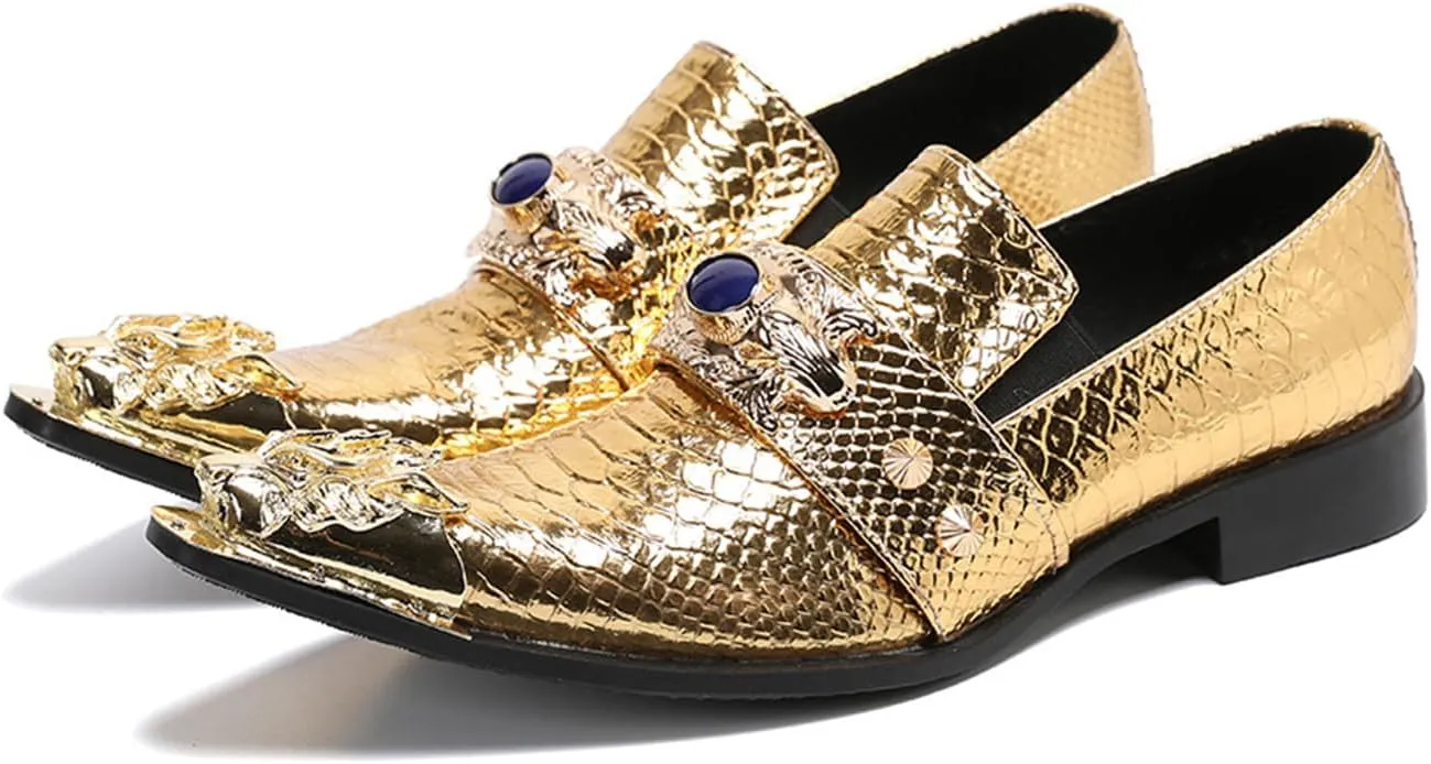 Mens Dress Shoes, Gold Loafers Cowhide Shoes Genuine Leather Large Size Low Top Metal Toe Slip-Ons Breathable Comfortable Casual Shoes