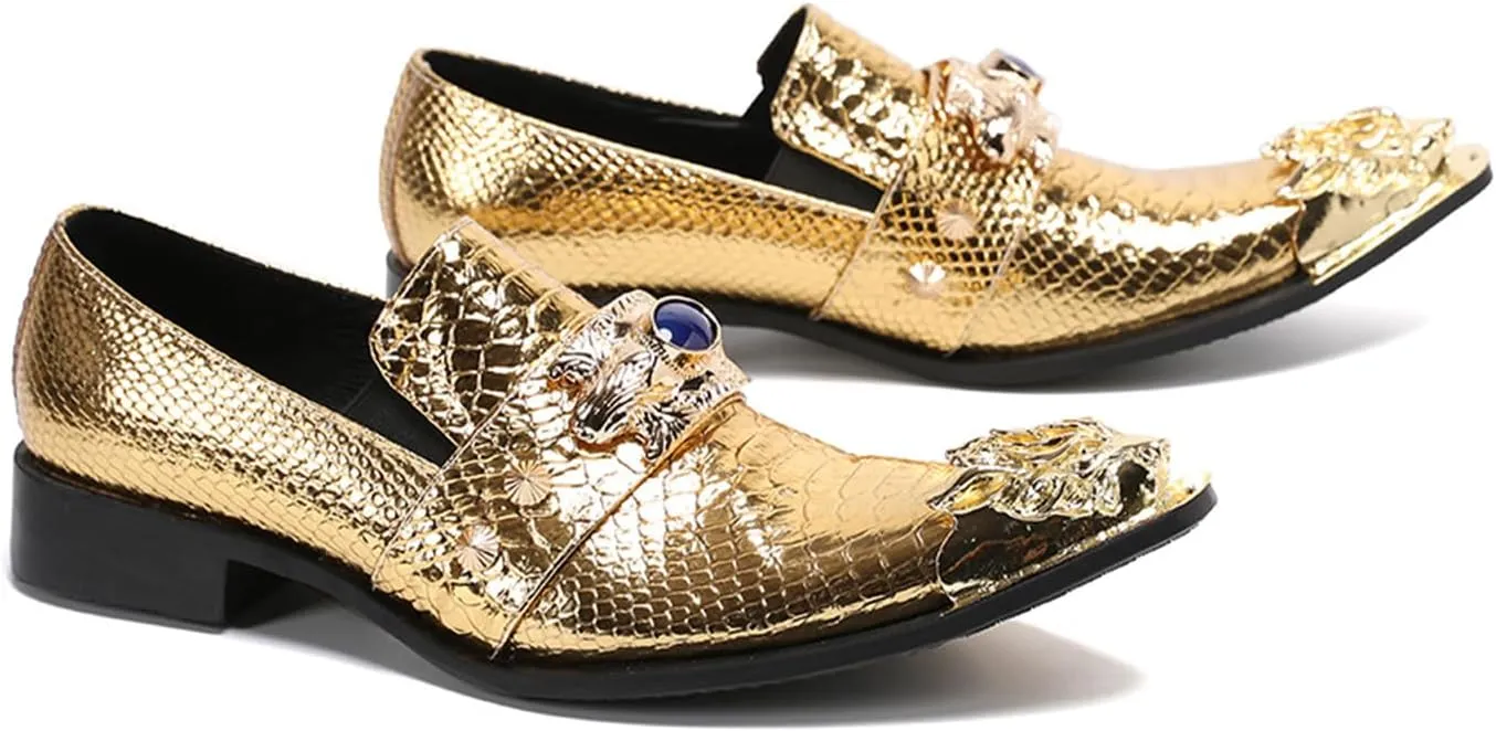 Mens Dress Shoes, Gold Loafers Cowhide Shoes Genuine Leather Large Size Low Top Metal Toe Slip-Ons Breathable Comfortable Casual Shoes