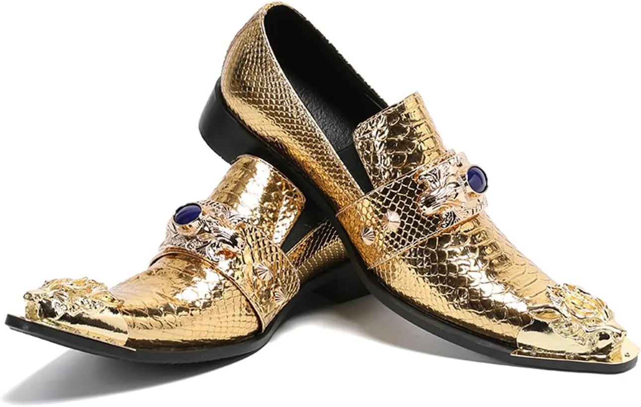 Mens Dress Shoes, Gold Loafers Cowhide Shoes Genuine Leather Large Size Low Top Metal Toe Slip-Ons Breathable Comfortable Casual Shoes