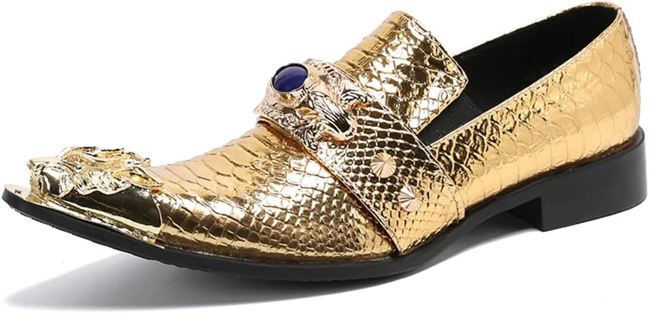 Mens Dress Shoes, Gold Loafers Cowhide Shoes Genuine Leather Large Size Low Top Metal Toe Slip-Ons Breathable Comfortable Casual Shoes