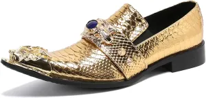 Mens Dress Shoes, Gold Loafers Cowhide Shoes Genuine Leather Large Size Low Top Metal Toe Slip-Ons Breathable Comfortable Casual Shoes