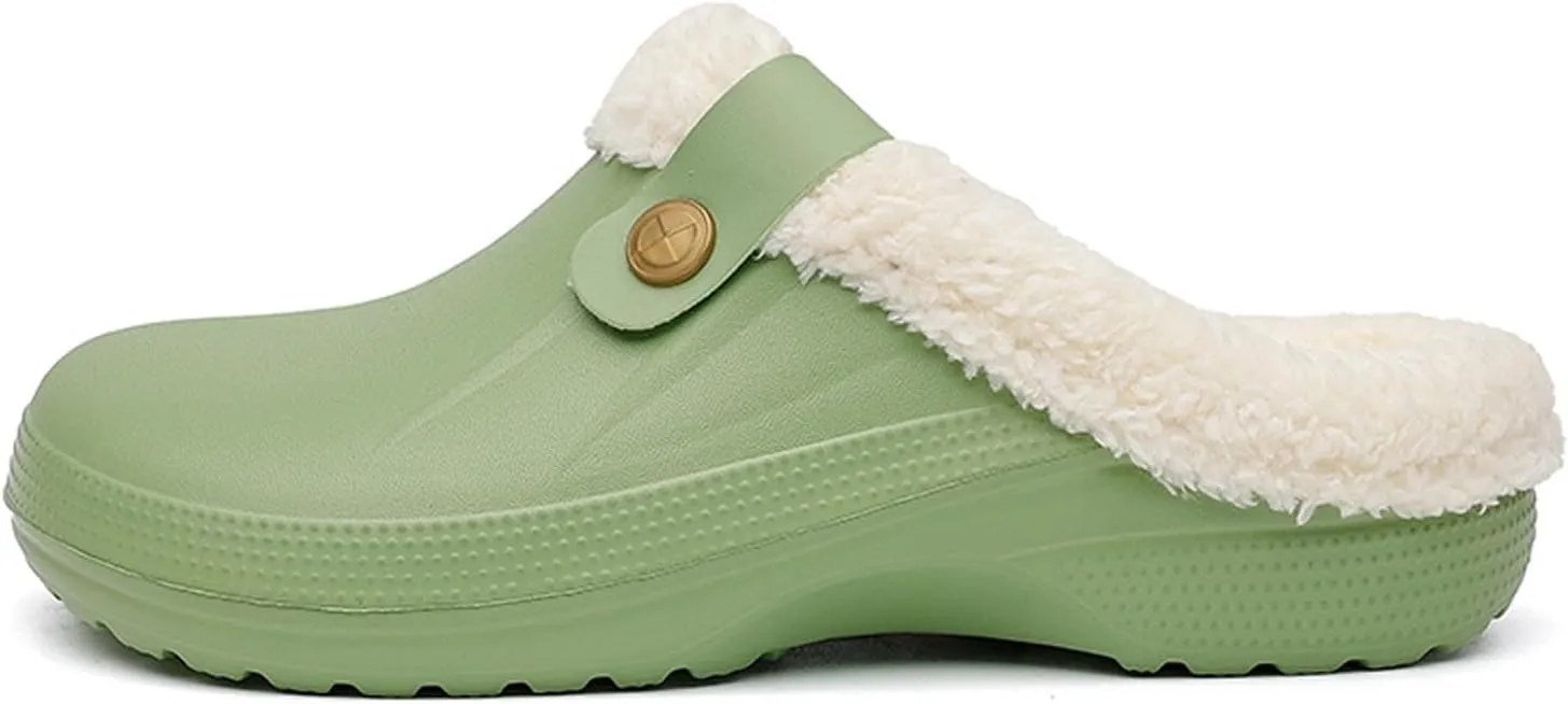 Mens Fur Lined Clogs Womens House Slippers Waterproof Garden Clogs Shoes Winter Warm Plush Home Bedroom Slippers Indoor Outdoor Mules