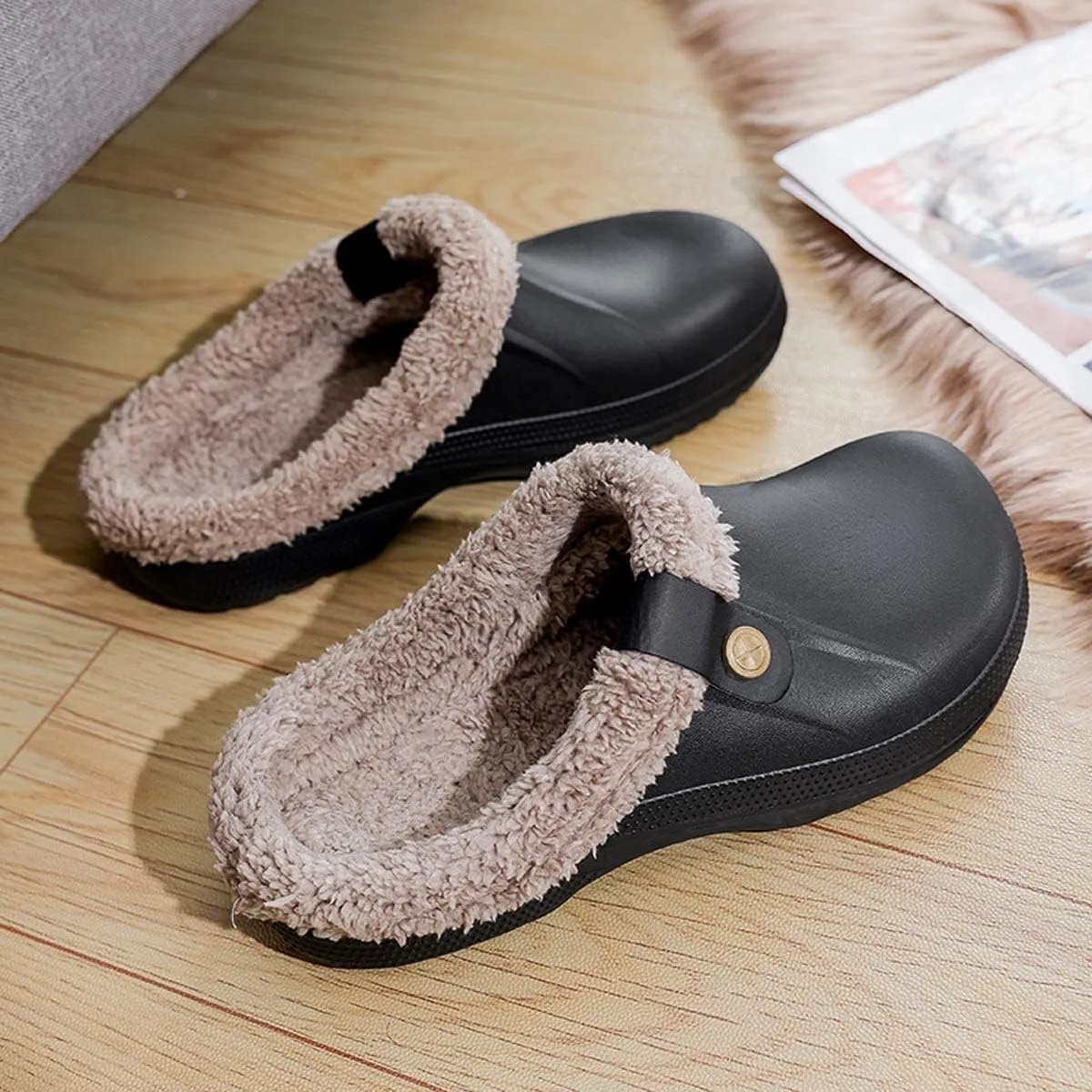 Mens Fur Lined Clogs Womens House Slippers Waterproof Garden Clogs Shoes Winter Warm Plush Home Bedroom Slippers Indoor Outdoor Mules