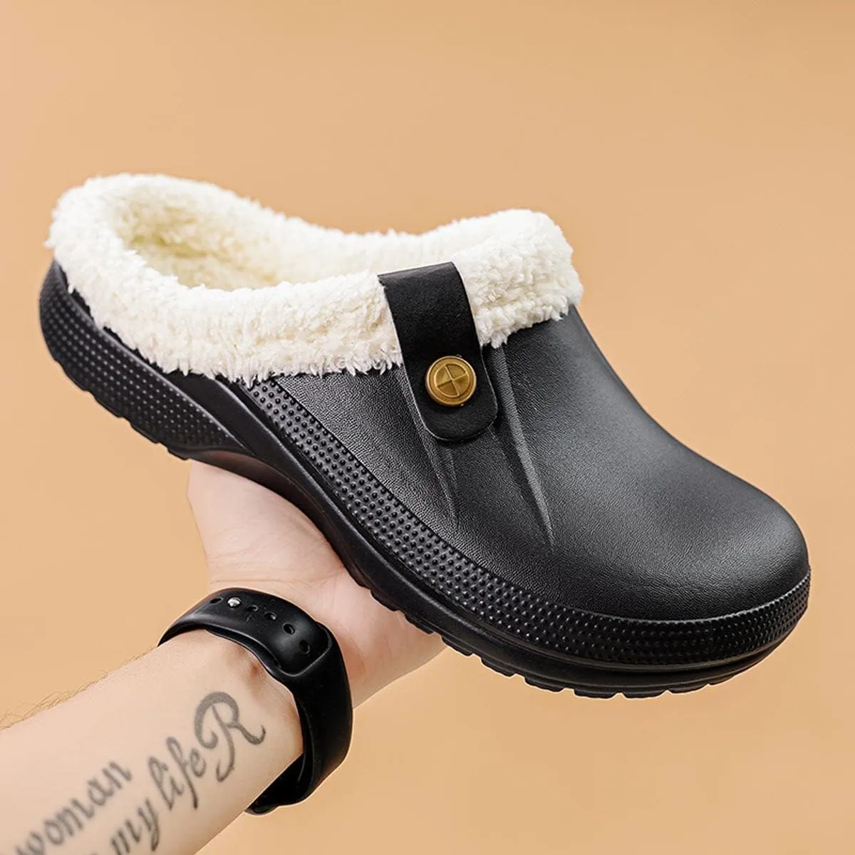 Mens Fur Lined Clogs Womens House Slippers Waterproof Garden Clogs Shoes Winter Warm Plush Home Bedroom Slippers Indoor Outdoor Mules