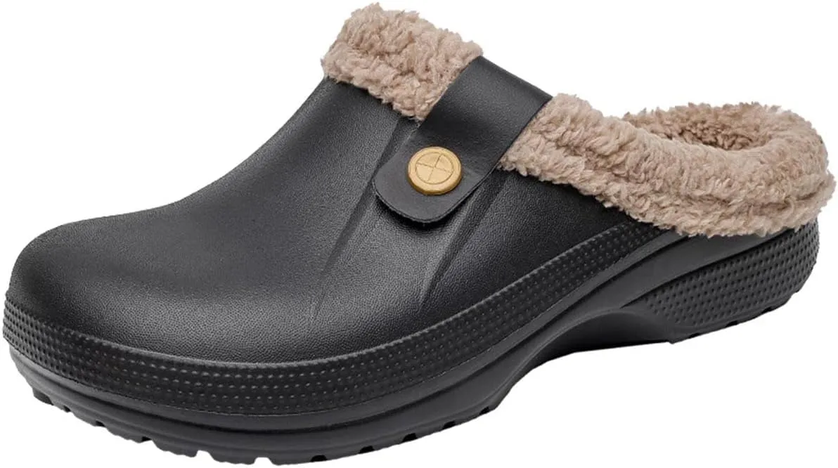 Mens Fur Lined Clogs Womens House Slippers Waterproof Garden Clogs Shoes Winter Warm Plush Home Bedroom Slippers Indoor Outdoor Mules