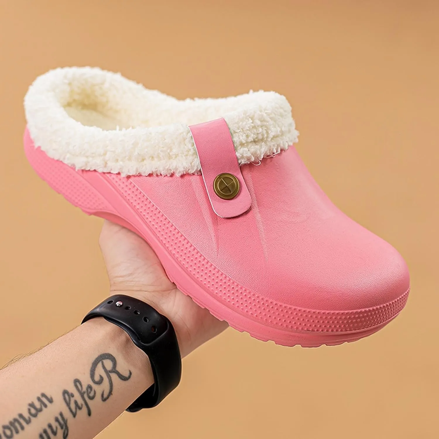 Mens Fur Lined Clogs Womens House Slippers Waterproof Garden Clogs Shoes Winter Warm Plush Home Bedroom Slippers Indoor Outdoor Mules