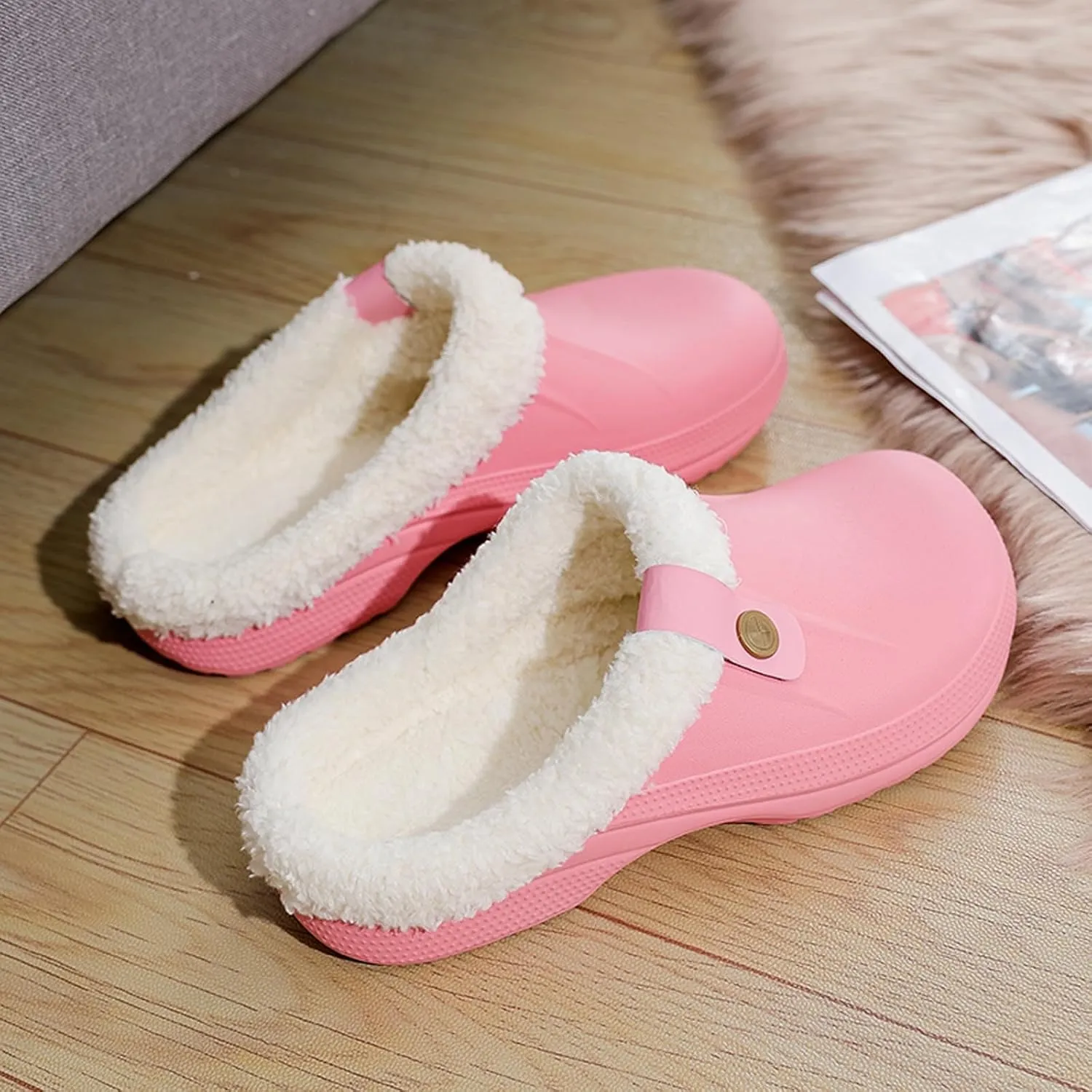 Mens Fur Lined Clogs Womens House Slippers Waterproof Garden Clogs Shoes Winter Warm Plush Home Bedroom Slippers Indoor Outdoor Mules