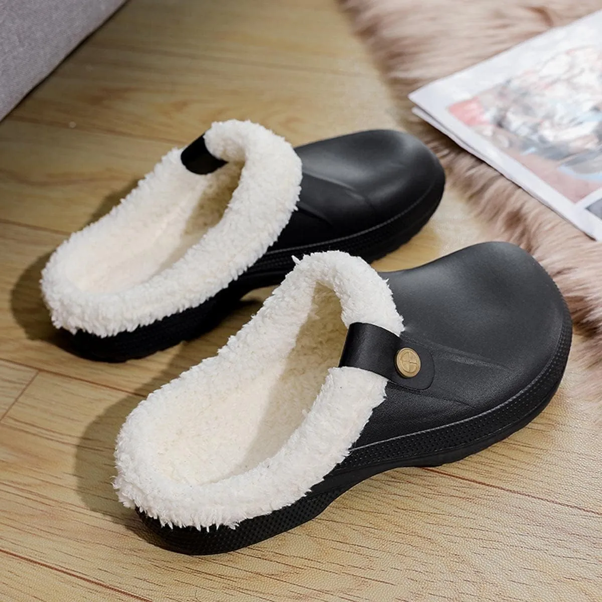 Mens Fur Lined Clogs Womens House Slippers Waterproof Garden Clogs Shoes Winter Warm Plush Home Bedroom Slippers Indoor Outdoor Mules