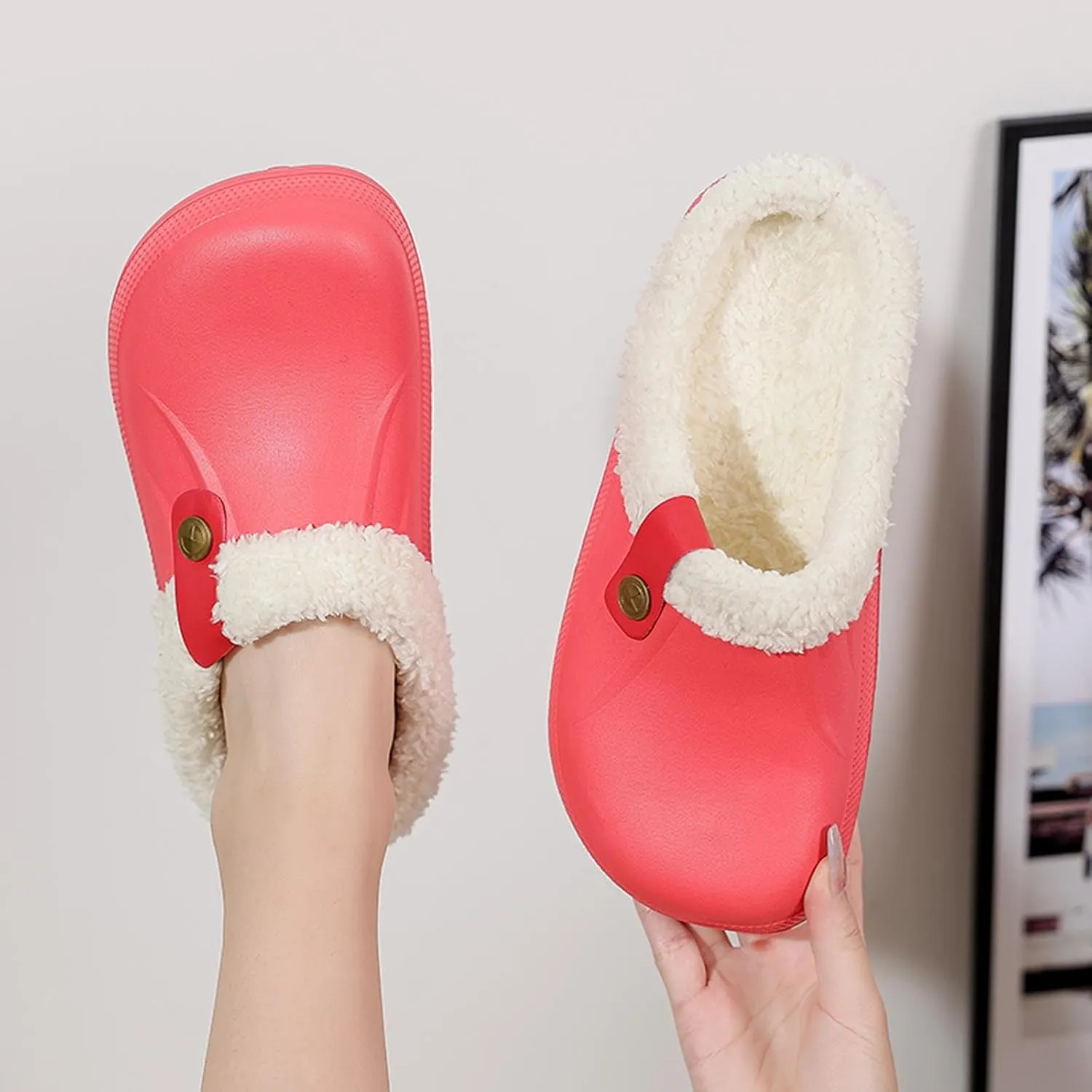 Mens Fur Lined Clogs Womens House Slippers Waterproof Garden Clogs Shoes Winter Warm Plush Home Bedroom Slippers Indoor Outdoor Mules