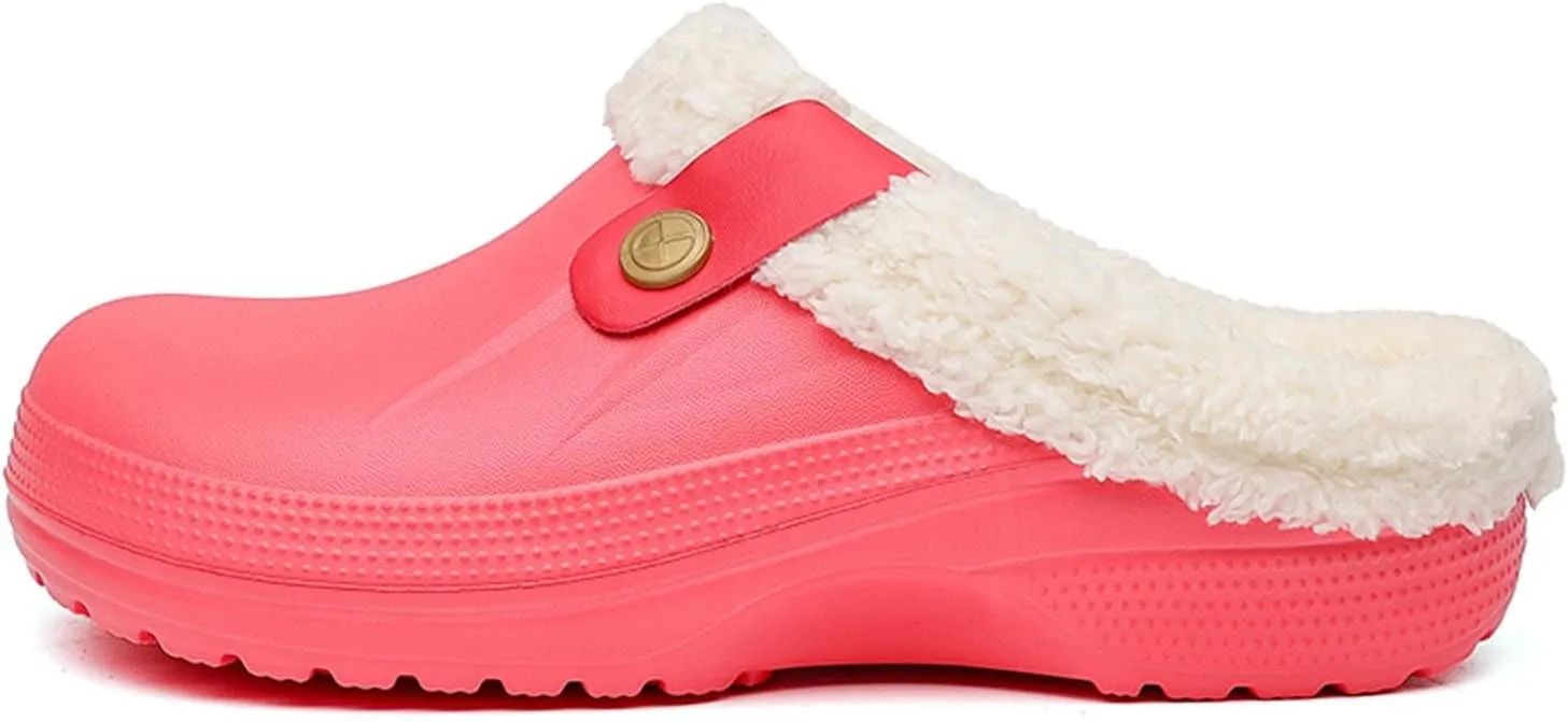 Mens Fur Lined Clogs Womens House Slippers Waterproof Garden Clogs Shoes Winter Warm Plush Home Bedroom Slippers Indoor Outdoor Mules