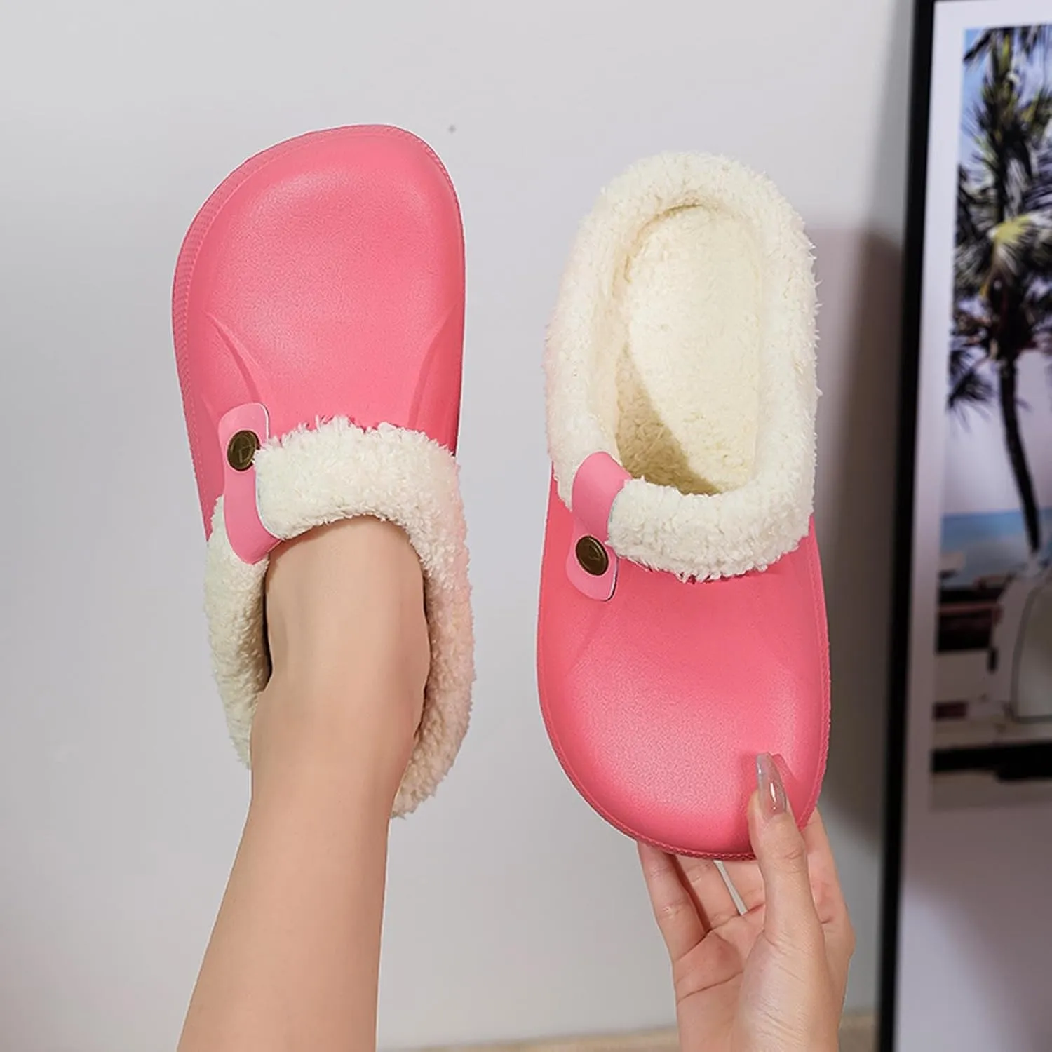 Mens Fur Lined Clogs Womens House Slippers Waterproof Garden Clogs Shoes Winter Warm Plush Home Bedroom Slippers Indoor Outdoor Mules