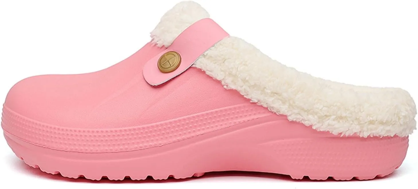Mens Fur Lined Clogs Womens House Slippers Waterproof Garden Clogs Shoes Winter Warm Plush Home Bedroom Slippers Indoor Outdoor Mules