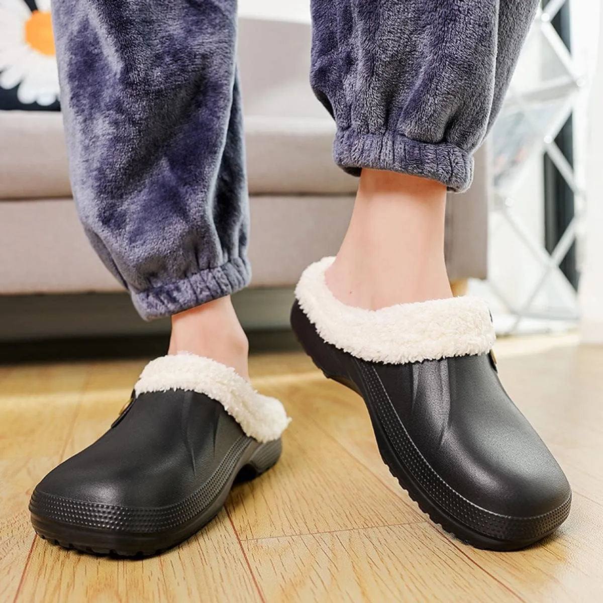 Mens Fur Lined Clogs Womens House Slippers Waterproof Garden Clogs Shoes Winter Warm Plush Home Bedroom Slippers Indoor Outdoor Mules