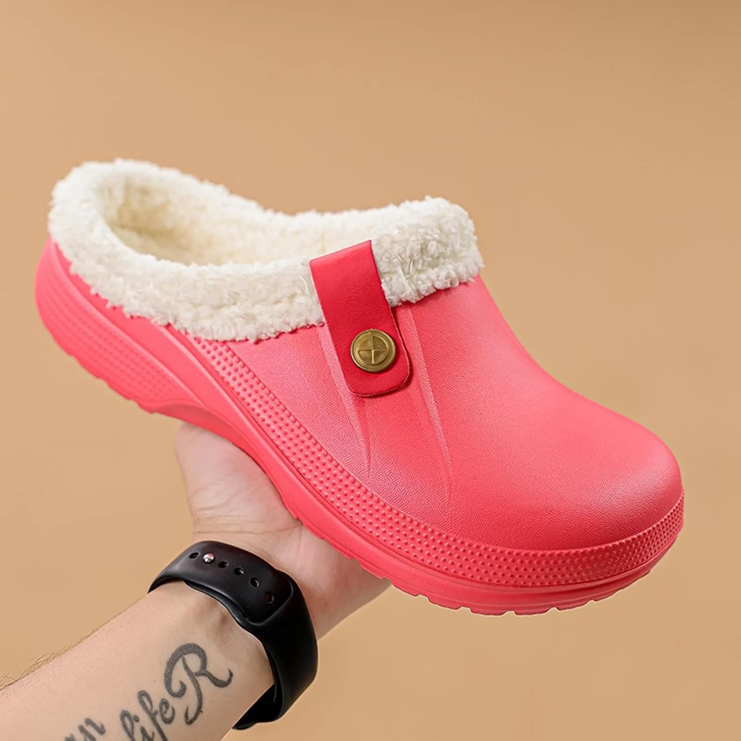 Mens Fur Lined Clogs Womens House Slippers Waterproof Garden Clogs Shoes Winter Warm Plush Home Bedroom Slippers Indoor Outdoor Mules