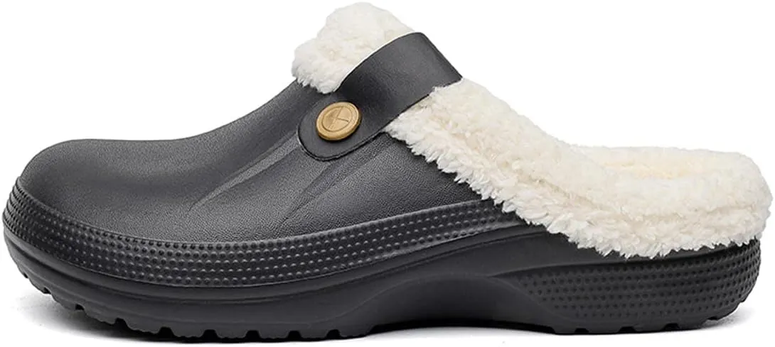Mens Fur Lined Clogs Womens House Slippers Waterproof Garden Clogs Shoes Winter Warm Plush Home Bedroom Slippers Indoor Outdoor Mules