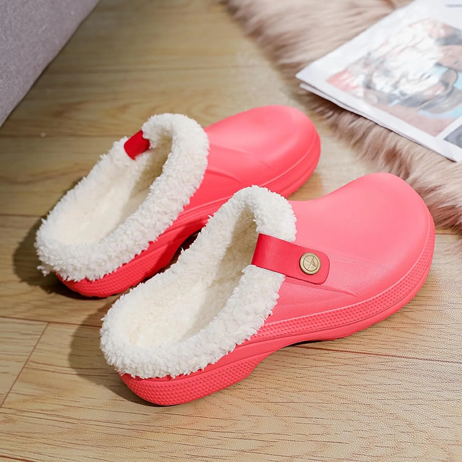 Mens Fur Lined Clogs Womens House Slippers Waterproof Garden Clogs Shoes Winter Warm Plush Home Bedroom Slippers Indoor Outdoor Mules