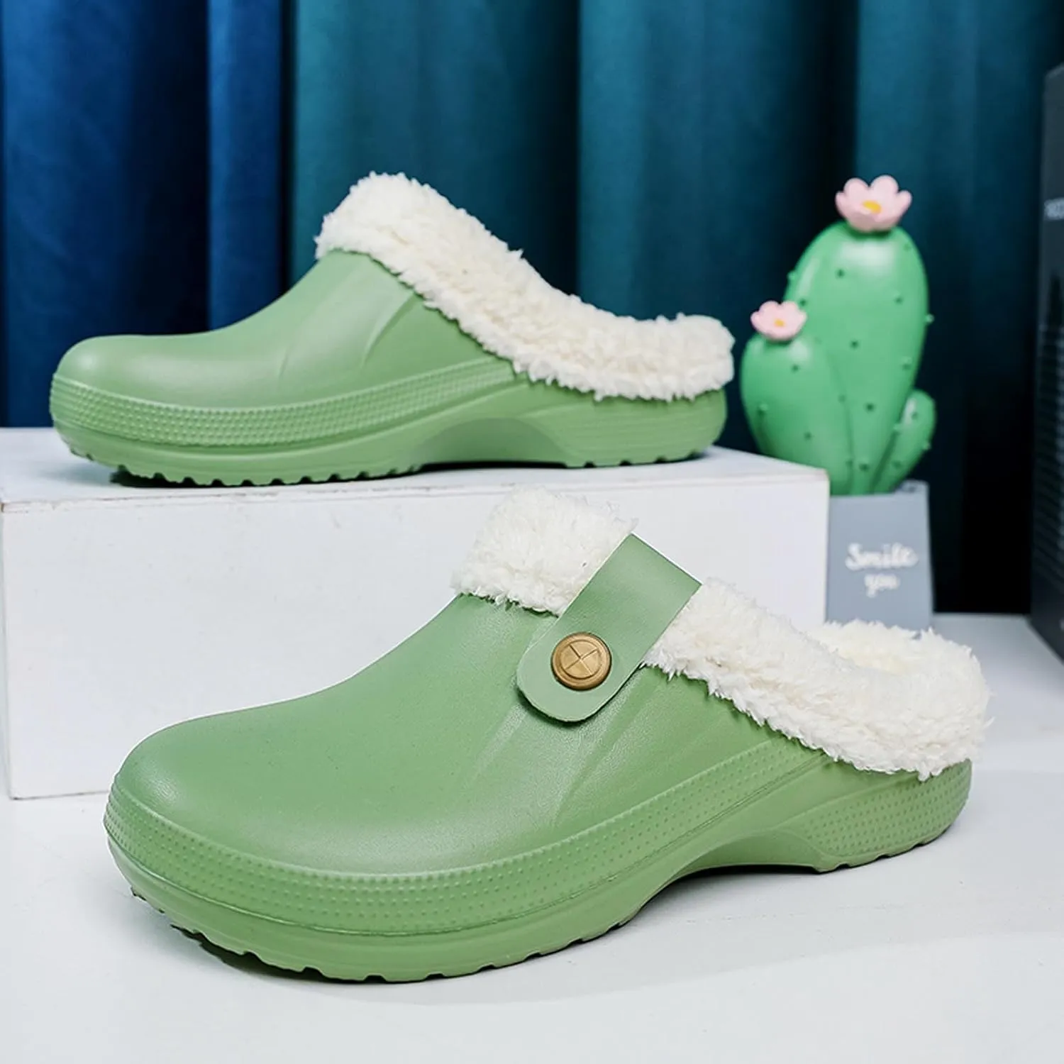 Mens Fur Lined Clogs Womens House Slippers Waterproof Garden Clogs Shoes Winter Warm Plush Home Bedroom Slippers Indoor Outdoor Mules