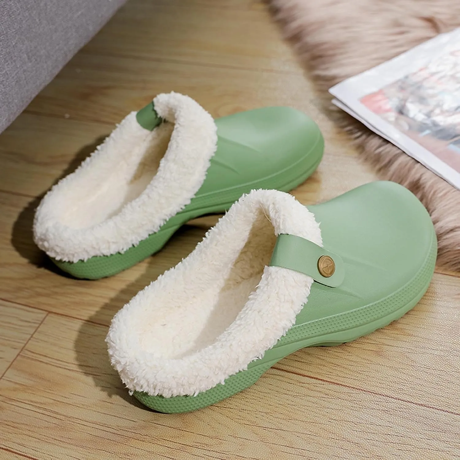 Mens Fur Lined Clogs Womens House Slippers Waterproof Garden Clogs Shoes Winter Warm Plush Home Bedroom Slippers Indoor Outdoor Mules